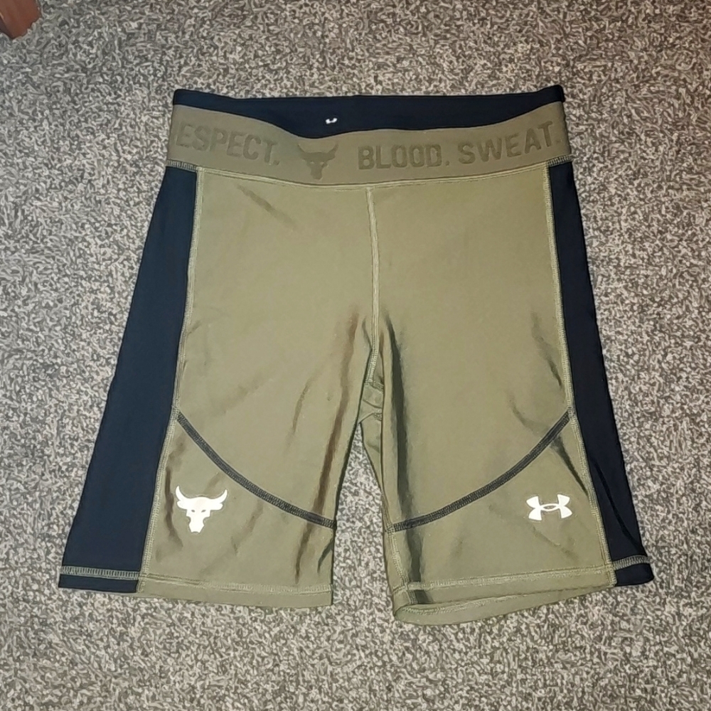 Under Armour project rock compression hratgear biker shorts size M green/black